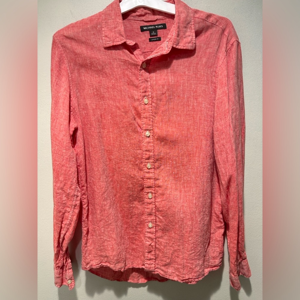 Michael Kors Coral Salmon 100% Linen Long Sleeve Button Down Size M